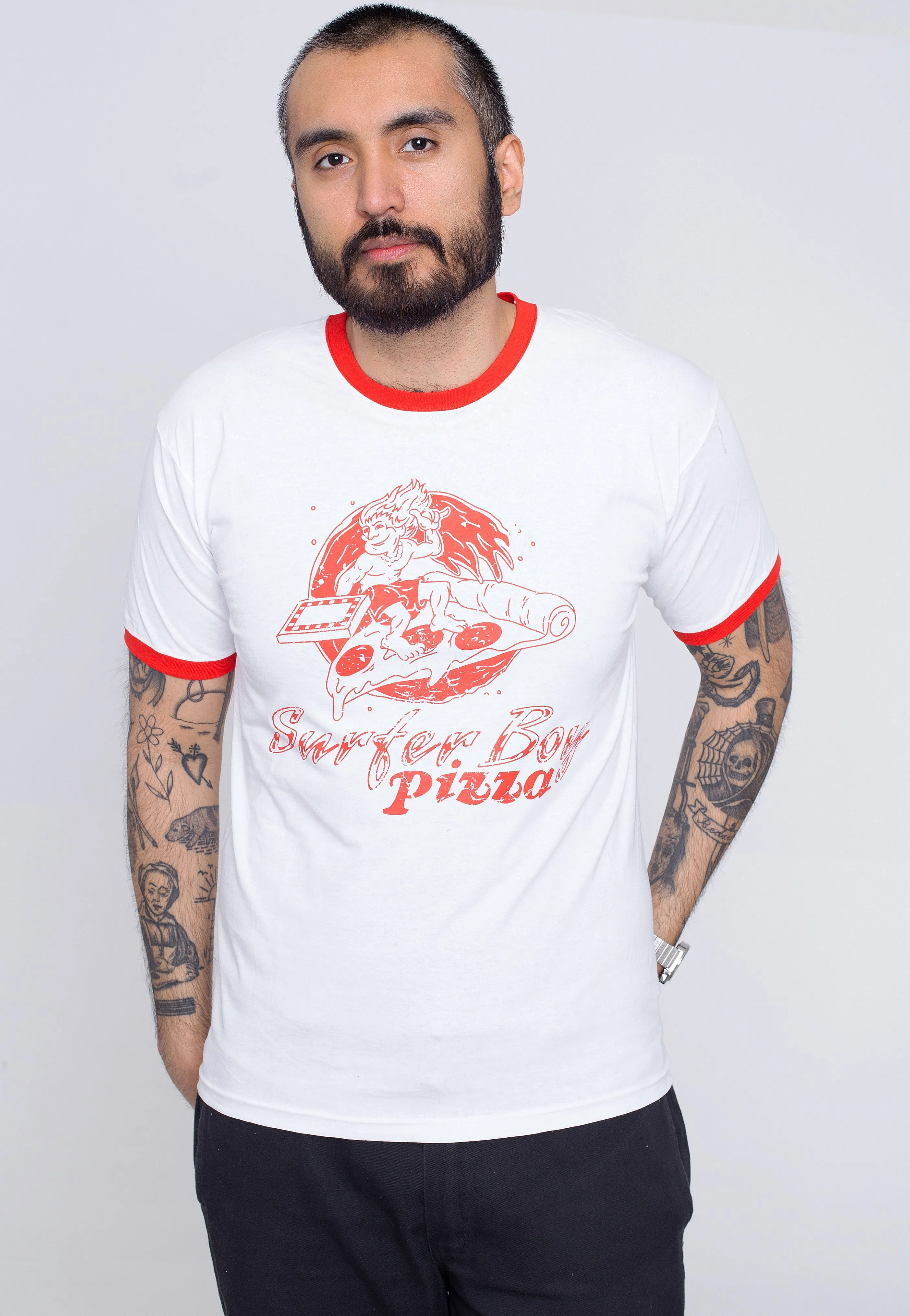 Stranger Things - Surfer Boy Pizza Ringer White/ Red - T-Shirt